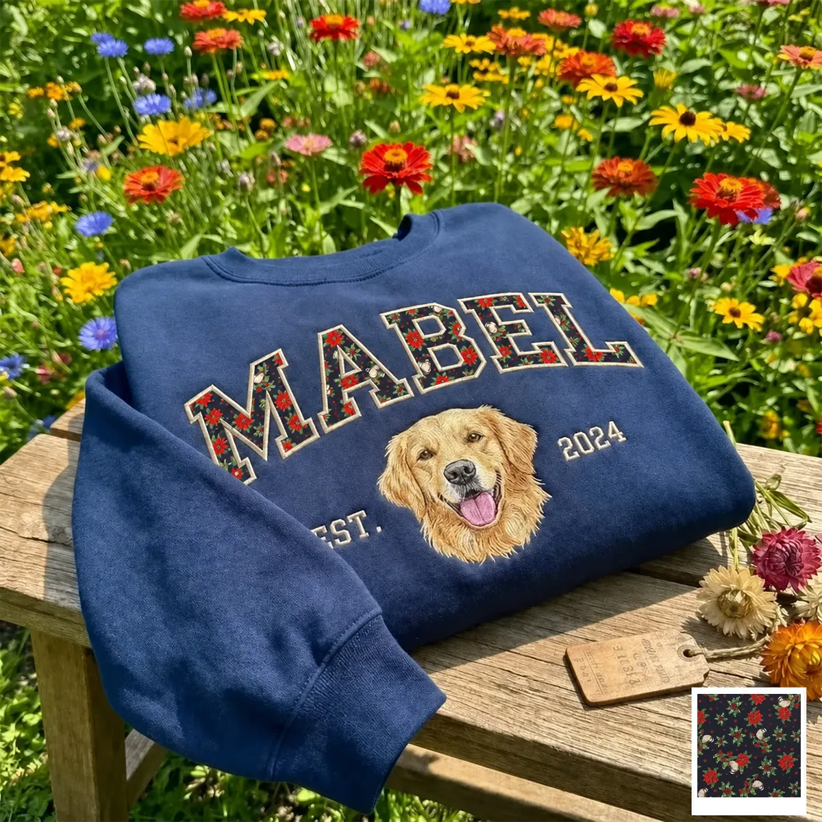 Custom Pet Portrait Embroidered Sweatshirt with Christmas Festive Name Applique