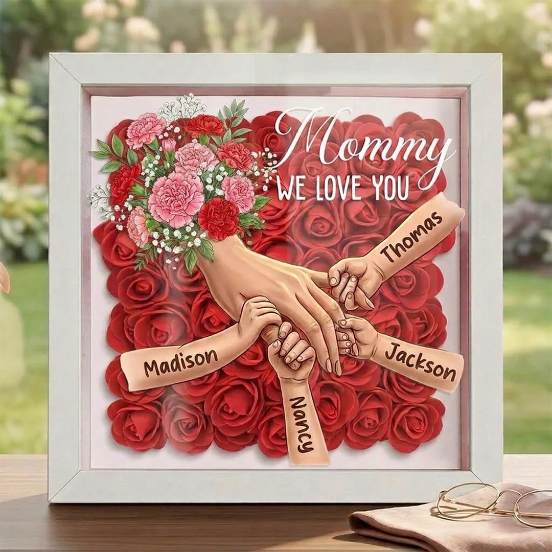 Forlovever™ Carnation Personalized Mom Holding Hands Memorial Shadow Box – Custom Name Remembrance Frame, Mother’s Day In Loving Memory Gift