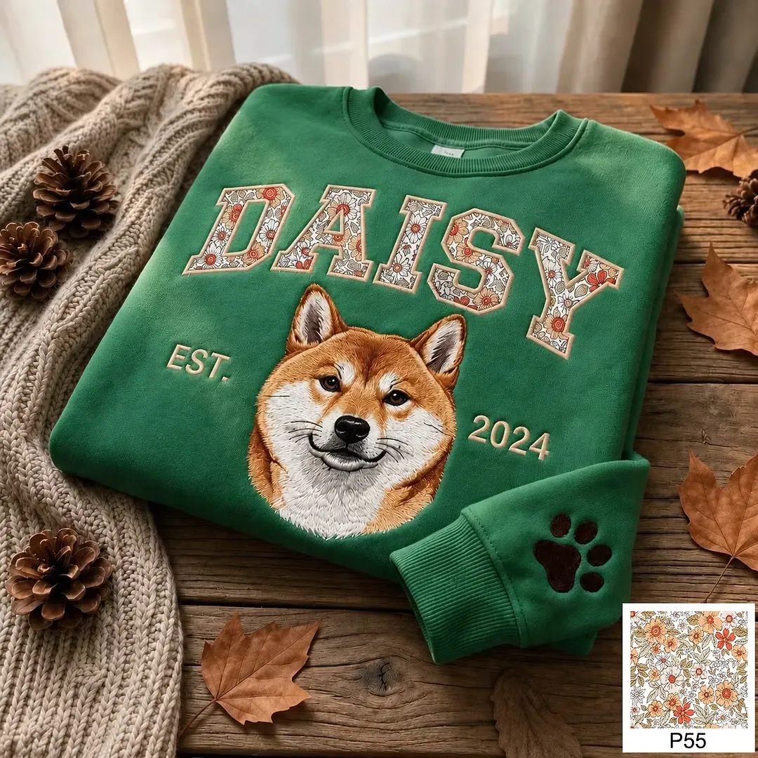 Custom Pet Portrait Floral Applique Embroidered T-Shirt Sweatshirt - Personalized Gift for Pet Lovers with EST Year