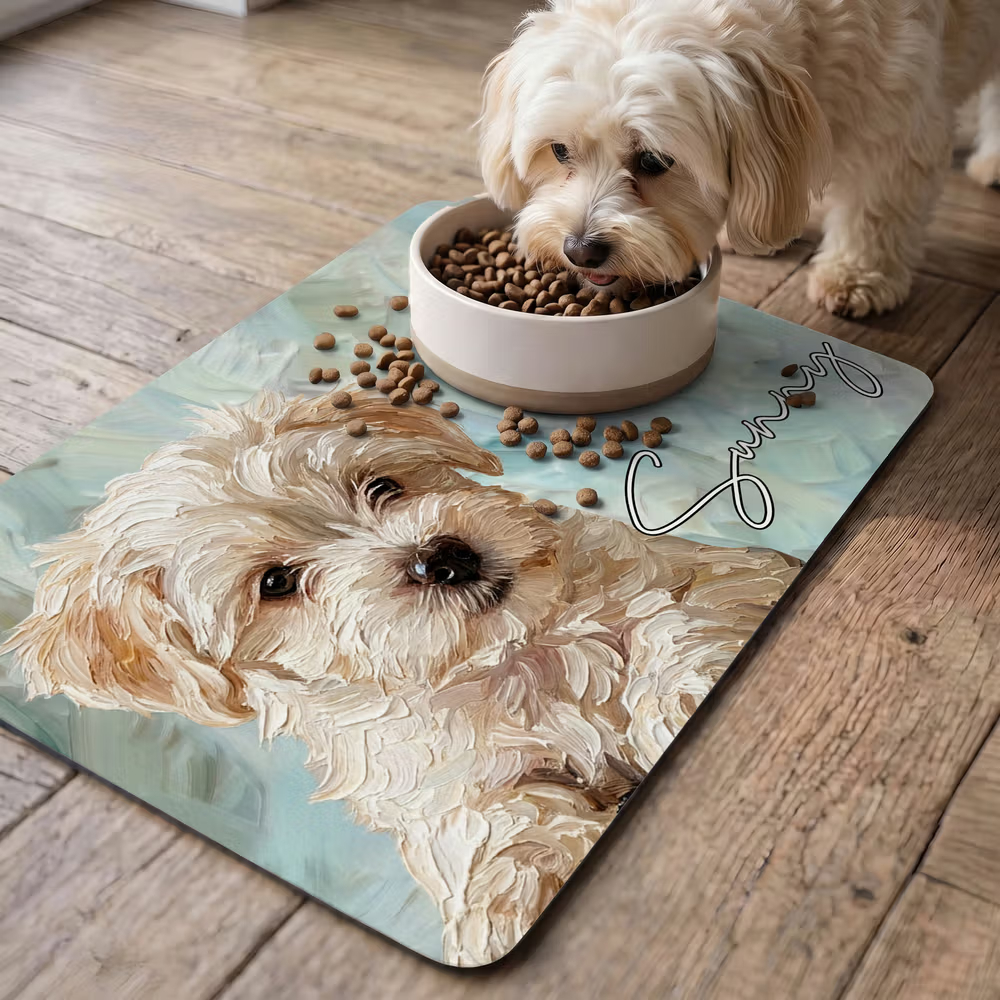 Personalized Oil Painting Style Pet Photo Food Mat with Name Home Decor Pet Supplies Birthday Gift for Cat Dog Pet Owner Lovers