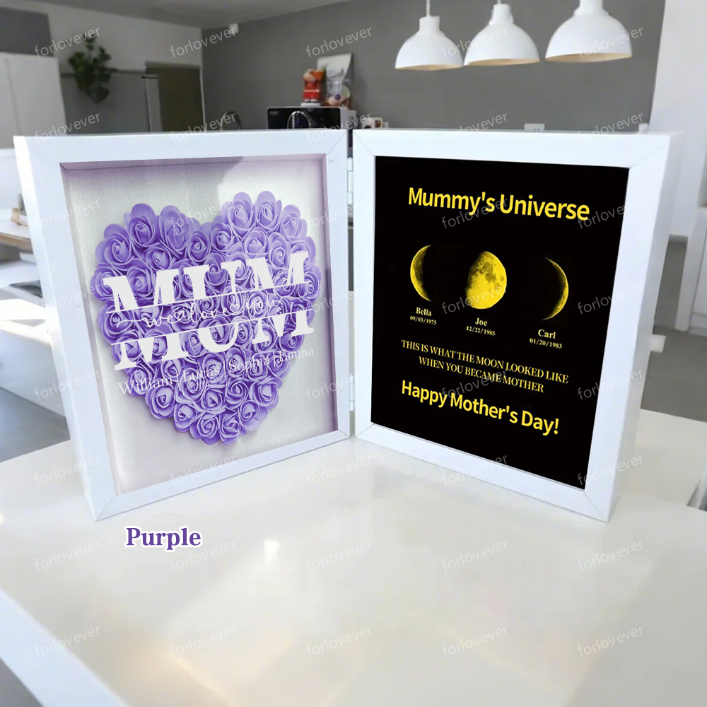 Mum We Love You With REAL MOON PHASE Anniversary Calendar - Mummy's Universe Personalized Heart Shape Flower Shadow Box-forlovever