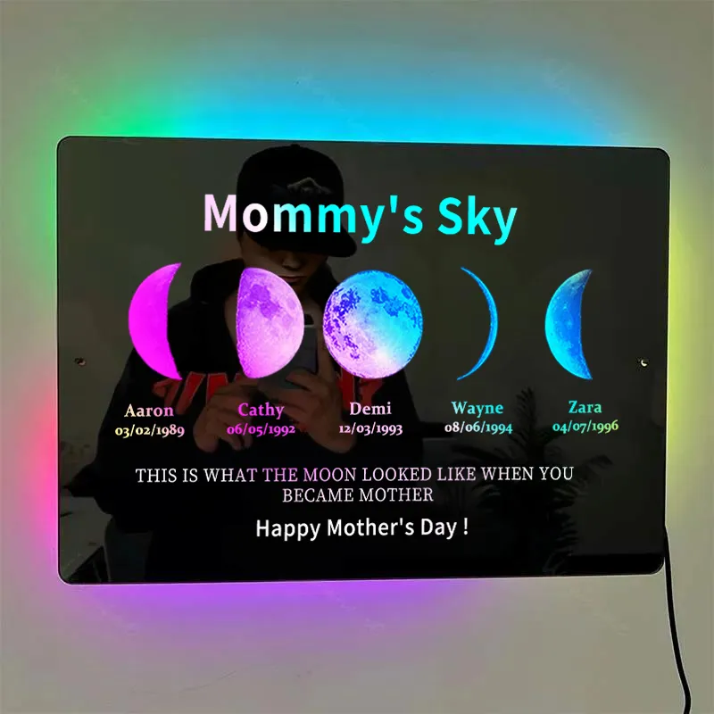 Custom Moon Phase Frame Mirror Light With Text & Date- Custom Art Frame for Mom - Mommy's Universe