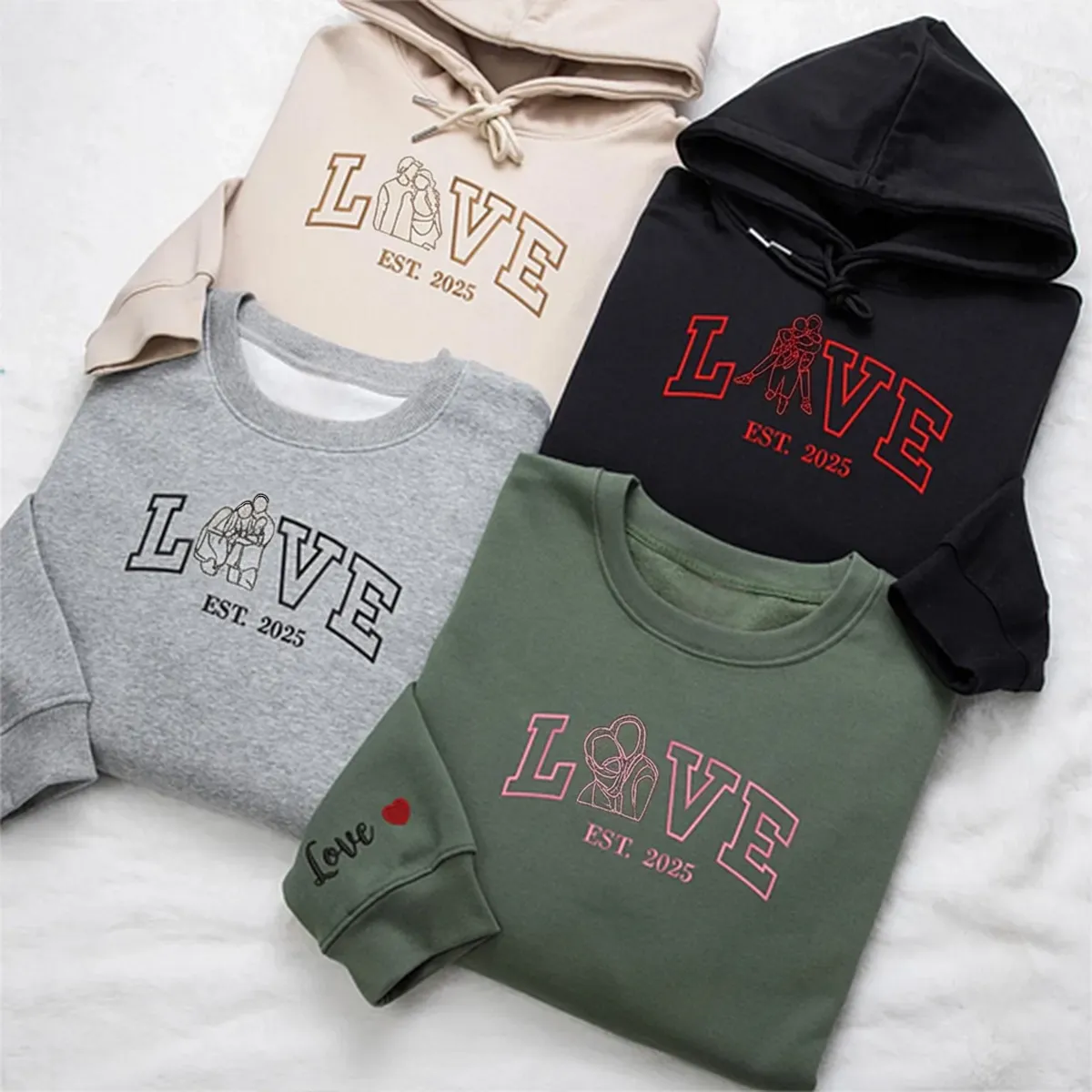 Custom Embroidered Outline Photo Couple LOVE Est Year Sweatshirt/Hoodie/T-shirt