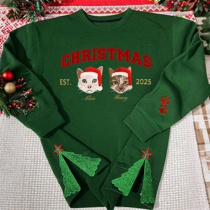 Custom Merry Christmas Embroidered Pet Portrait Sweatshirt with Glitter Side Bow Design