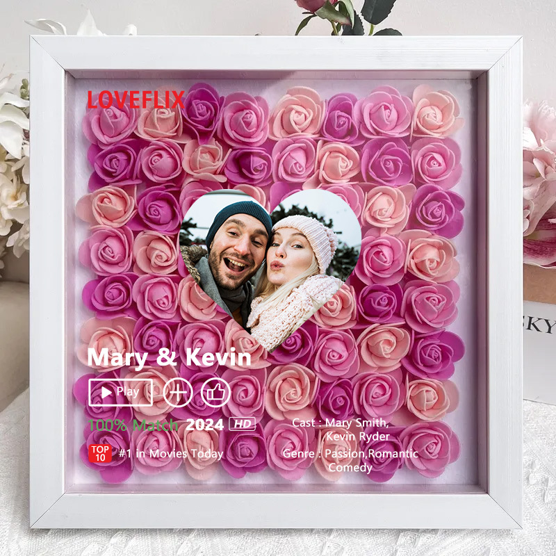 (Square Shaped) Custom LOVEFLIX Movie Photo Flower Shadow Box with Your Love Story-forlovever