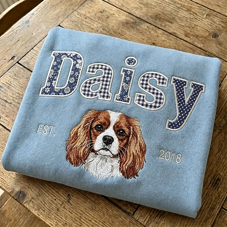 Patchwork Fabric Pet Portrait Embroidered Sweatshirt Custom Dog Cat Gift for Pet Lovers