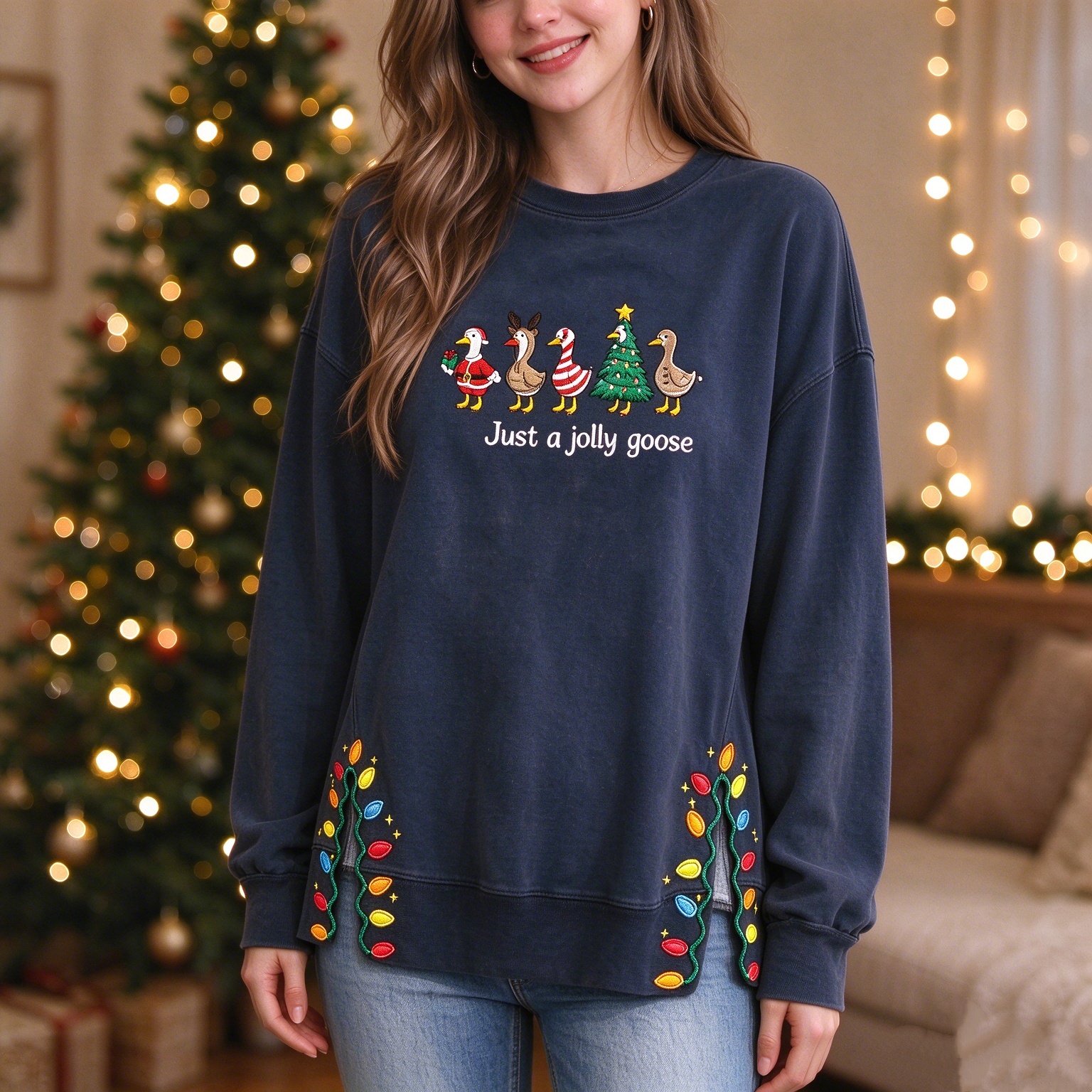 Just A JOLLY Embroidered Goose Crewneck,Christmas Gift For Family