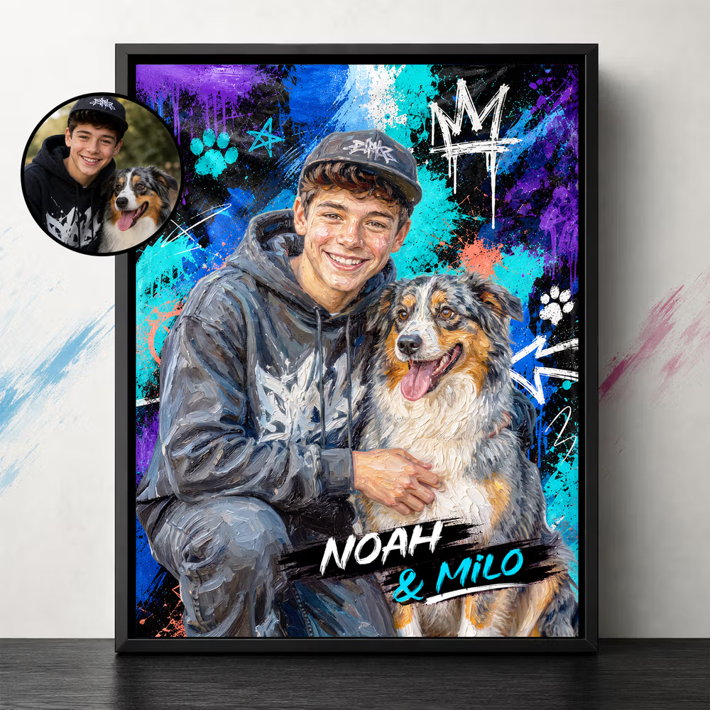 Personalized Graffiti Oil Painting Style Pet and Owner Photo Canvas Prints with Name Wall Decor Ship from USA Birthday Pet Party Gift for Pet Lovers