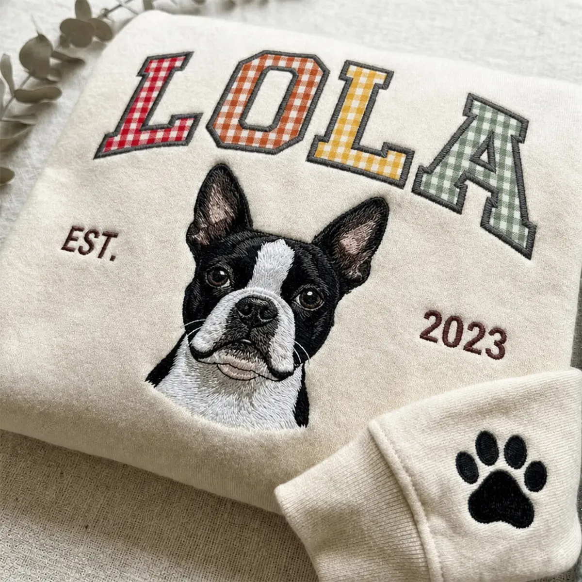 Custom Pet Portrait Embroidered Sweatshirt with Multi-Color Gingham Varsity Name