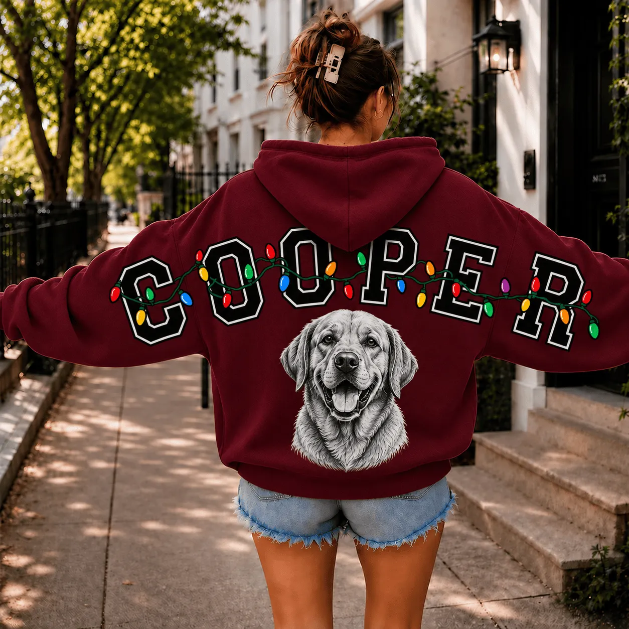 Custom Pet Portrait Christmas Sweatshirt — Distressed Big Back Name with String Lights, Dog Mom Hoodie