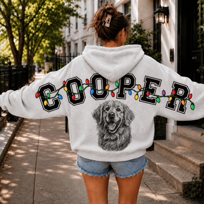 Custom Pet Portrait Christmas Sweatshirt — Distressed Big Back Name with String Lights, Dog Mom Hoodie