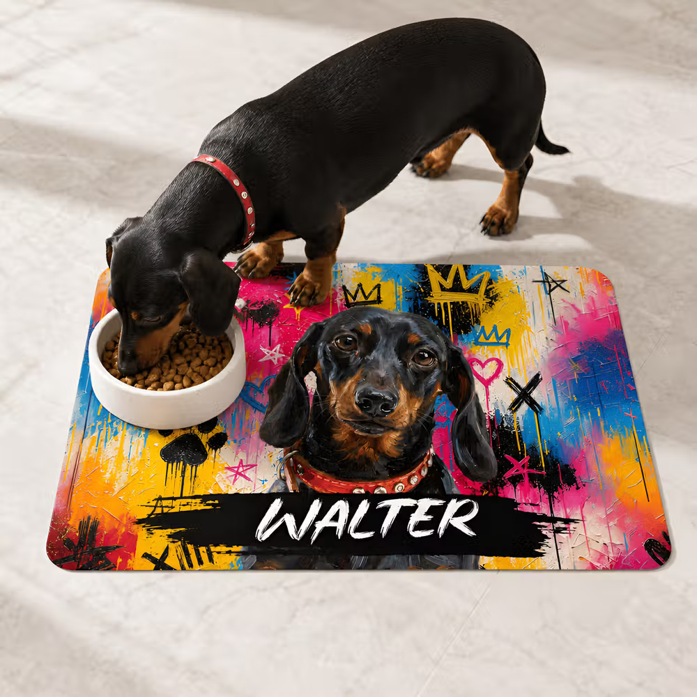 Personalized Graffiti Oil Painting Style Crown Pet Photo Pet Feeding Mat with Name Home Decor Pet Supplies Birthday Gift for Pet Owners Lovers