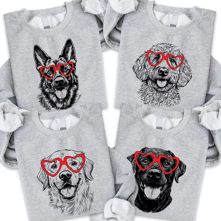 Custom Pet Valentine’s Day Sweatshirt - Personalized Dog/Cat Heart Glasses Graphic Sweats