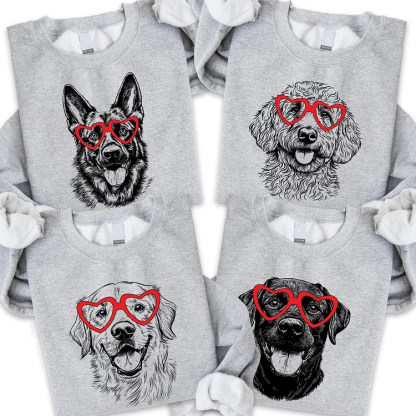 Custom Pet Valentine’s Day Sweatshirt - Personalized Dog/Cat Heart Glasses Graphic Sweats