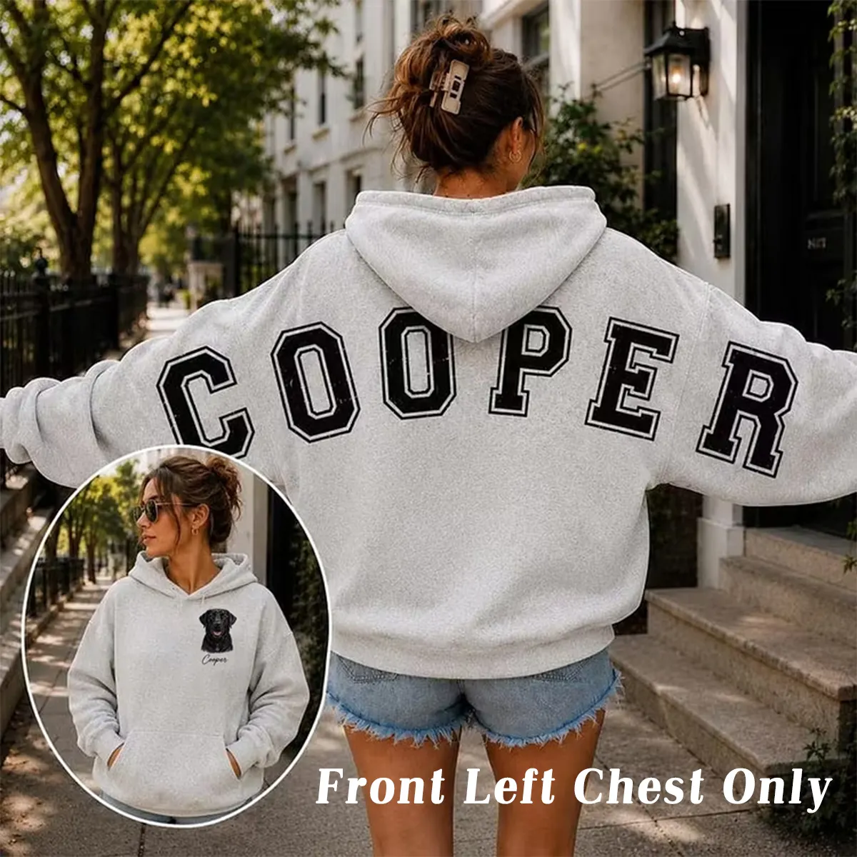 Custom Pet Portrait Sweatshirt with Distressed Big Back Name, Dog Mom Hoodie