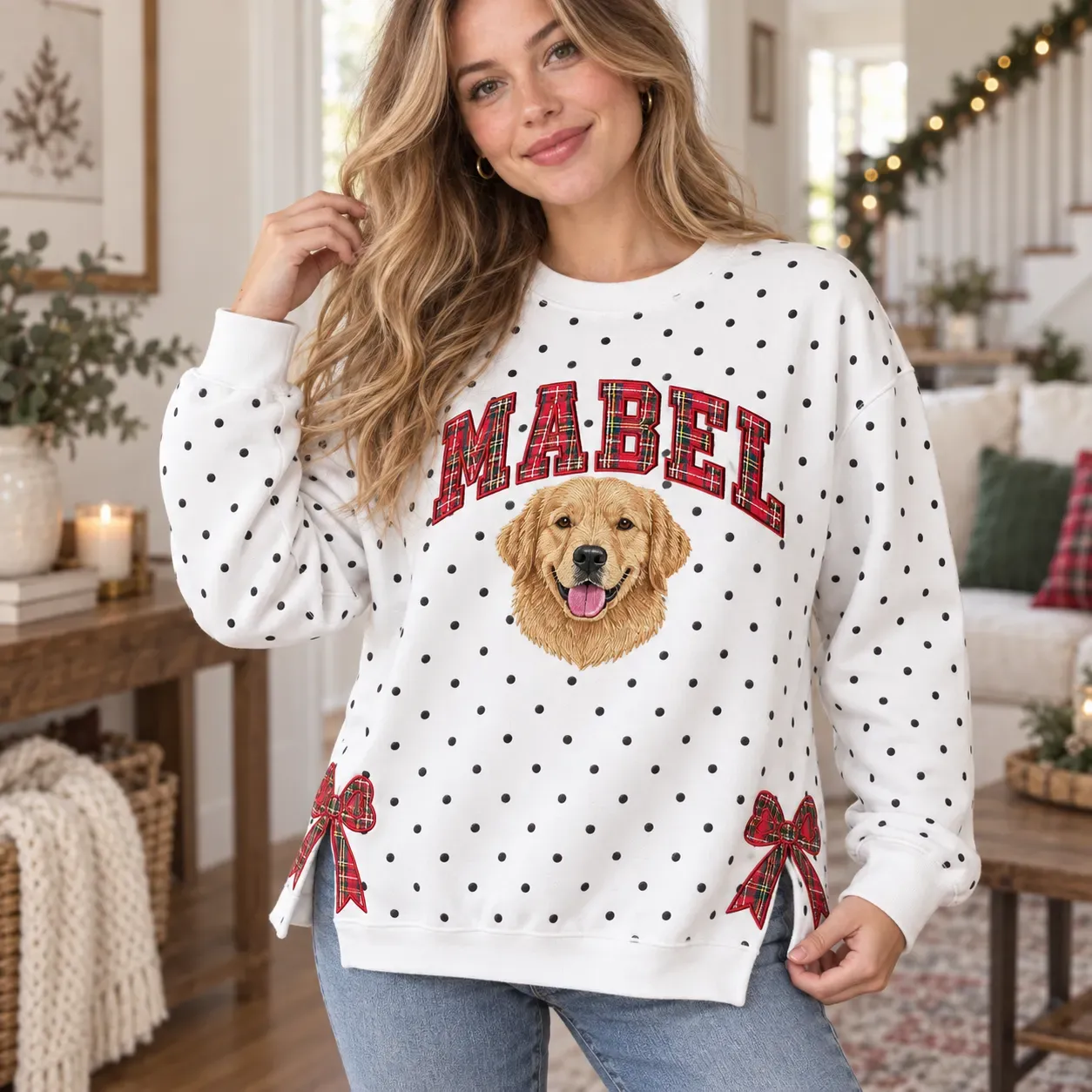 Personalized Pet Portrait Embroidered Polka Dot Sweatshirt with Plaid Bow Side Slits