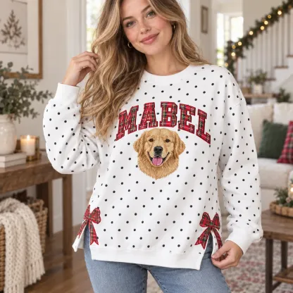 Personalized Pet Portrait Embroidered Polka Dot Sweatshirt with Plaid Bow Side Slits