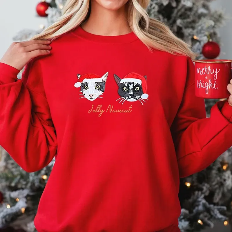Custom Embroidered Pet Portrait Christmas Sweatshirt Hoodie T-shirt Christmas Gift-forlovever