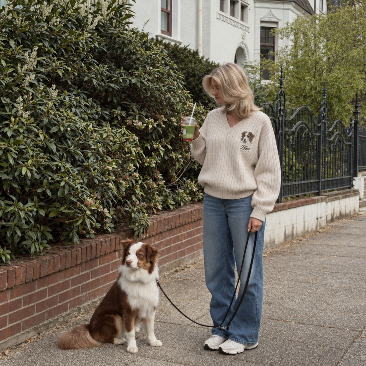 Personalized Pet Portrait V-Neck Knit Sweater – Custom Pet Photo & Name Embroidery