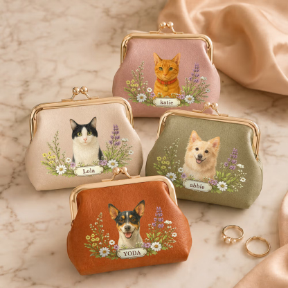 Personalized Floral Pet Photo Portable PU Leather Coin Purse with Name and Kiss Lock Travel Essential Birthday Gift for Dog Cat Pet Owner Lovers