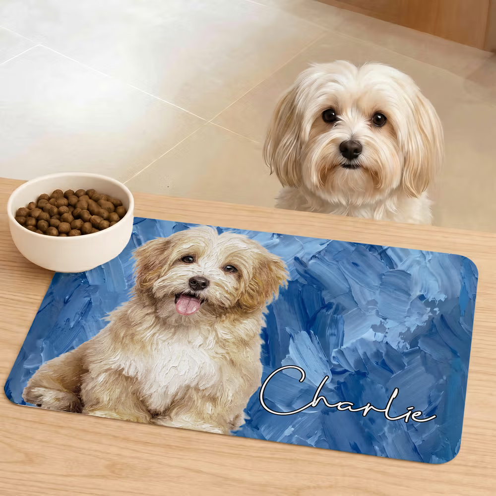 Personalized Oil Painting Style Pet Photo Food Mat with Name Home Decor Pet Supplies Birthday Gift for Cat Dog Pet Owner Lovers