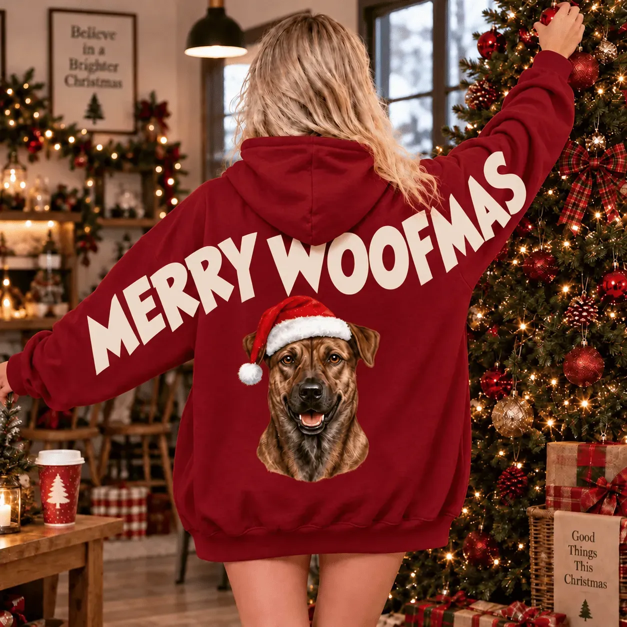 Custom Pet Portrait Santa Hat Sweatshirt — Merry Woofmas Back Print, Dog Mom Hoodie