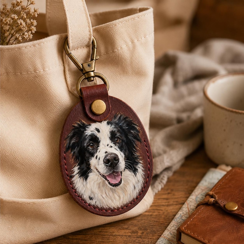 May include: An oval-shaped dark brown leather keychain featuring a detailed portrait of a black and white dog with a happy expression. The keychain is attached to a brass-colored metal lobster clasp and is hanging from a beige canvas tote bag.