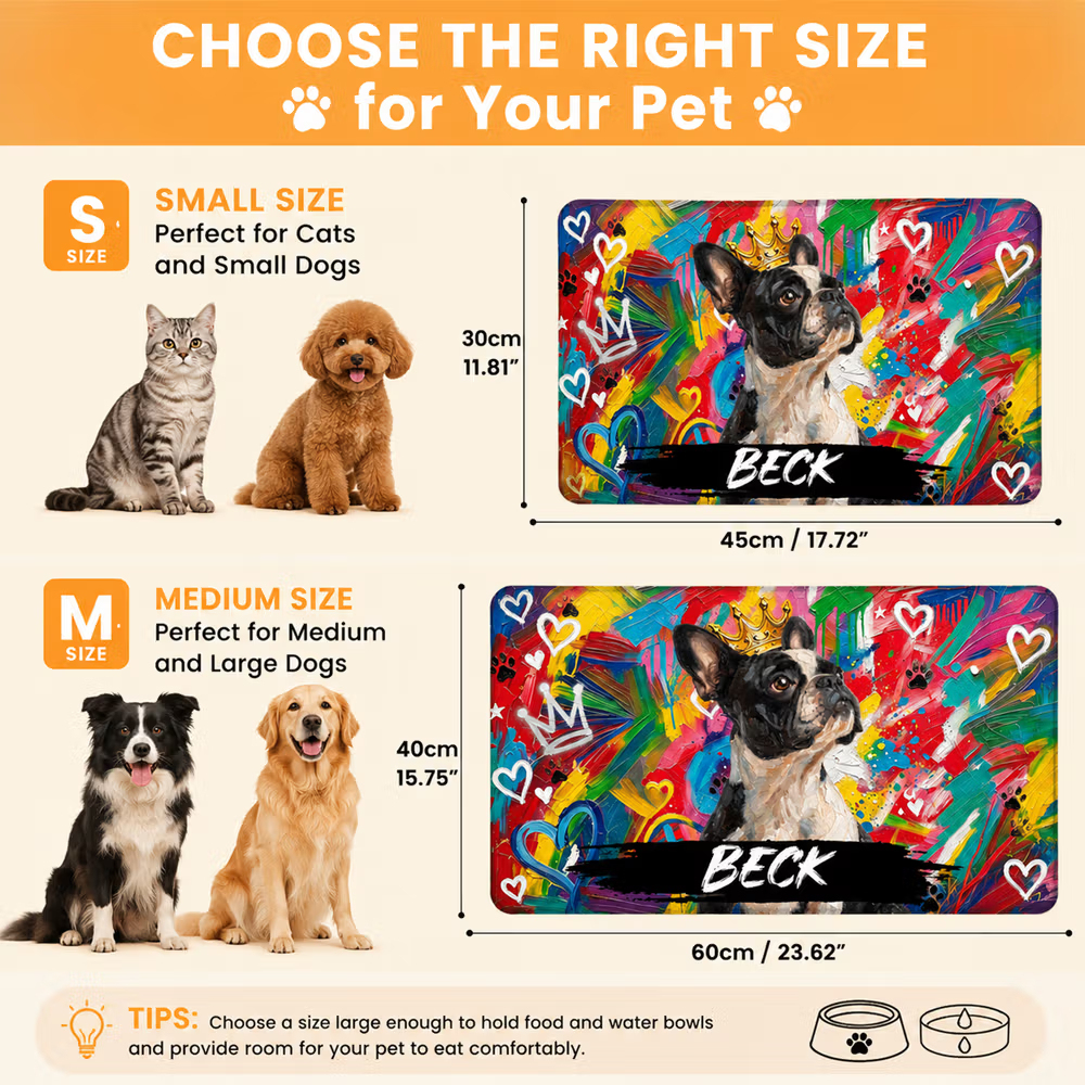 Personalized Graffiti Oil Painting Style Crown Pet Photo Pet Feeding Mat with Name Home Decor Pet Supplies Birthday Gift for Pet Owners Lovers