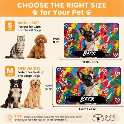 Personalized Graffiti Oil Painting Style Crown Pet Photo Pet Feeding Mat with Name Home Decor Pet Supplies Birthday Gift for Pet Owners Lovers