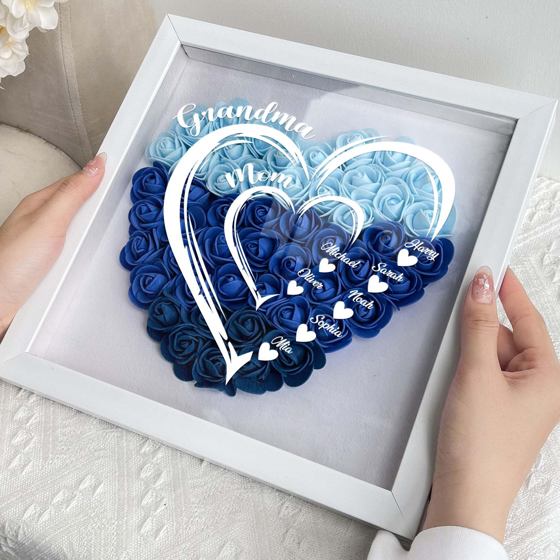 Grandma Hearts Mom Hearts - Personalized Flower Shadow Box-forlovever