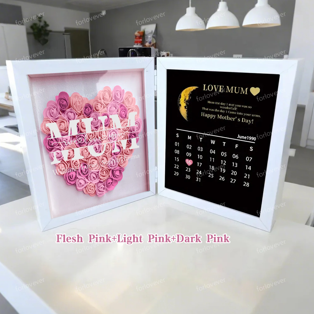 Mum We Love You With REAL MOON PHASE Anniversary Calendar - Personalized Flower Shadow Box-forlovever