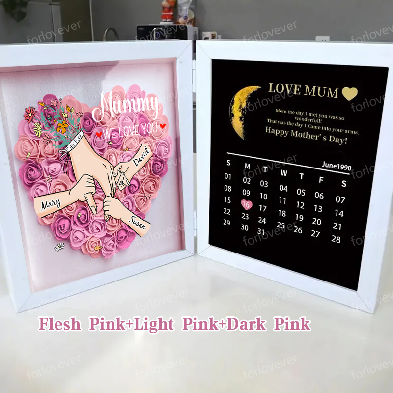 Mum We Love You With REAL MOON PHASE Anniversary Calendar - Personalised Mum & Grandma Flower Shadow Box with Names-forlovever