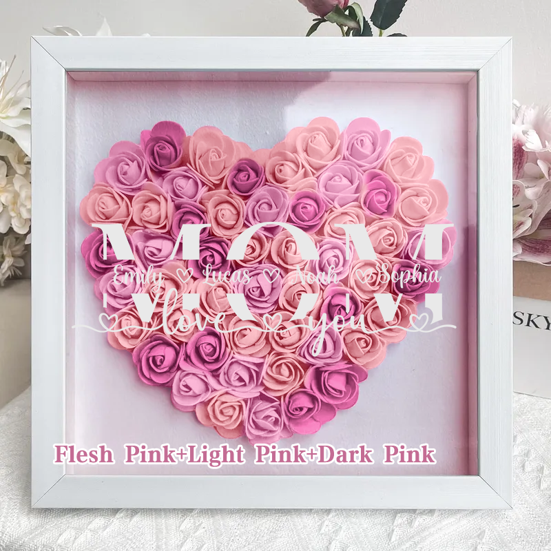  MOM-Love you- Personalized Flower Shadow Box Custom Name & Text Heart Rose Frame Decorations Mother's Day Gift-forlovever