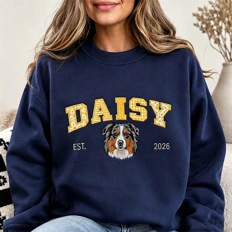 Patchwork Fabric Pet Portrait Embroidered Sweatshirt Custom Dog Cat Gift for Pet Lovers