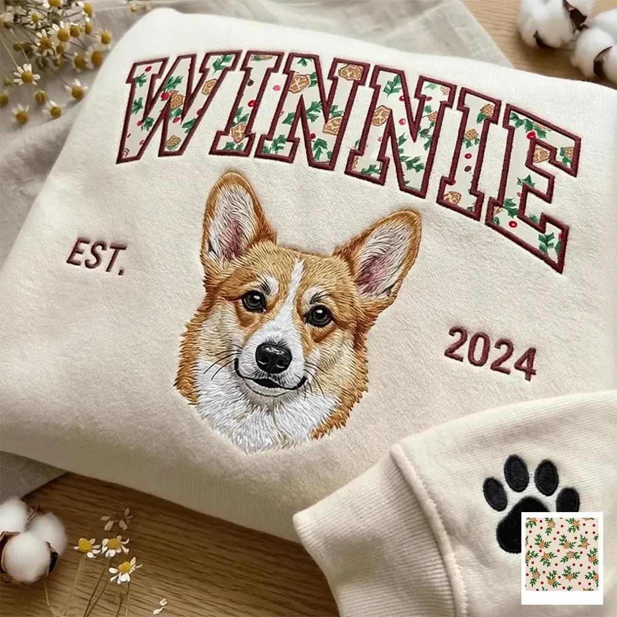 Custom Pet Portrait Embroidered Sweatshirt with Christmas Festive Name Applique