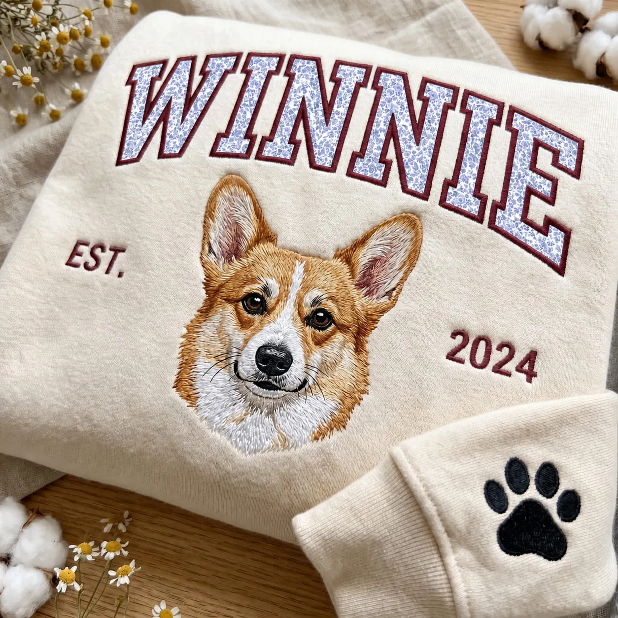 Custom Pet Portrait Embroidered Sweatshirt with Chinoiserie Appliqué Name