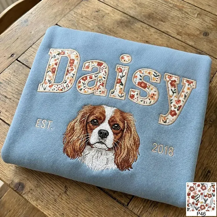 Custom Pet Portrait Floral Applique Embroidered Sweatshirt Hoodie T-shirt