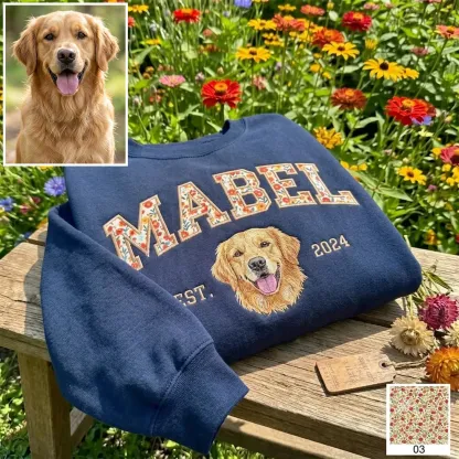 Custom Pet Portrait Floral Applique Embroidered T-Shirt Sweatshirt - Personalized Gift for Pet Lovers with EST Year