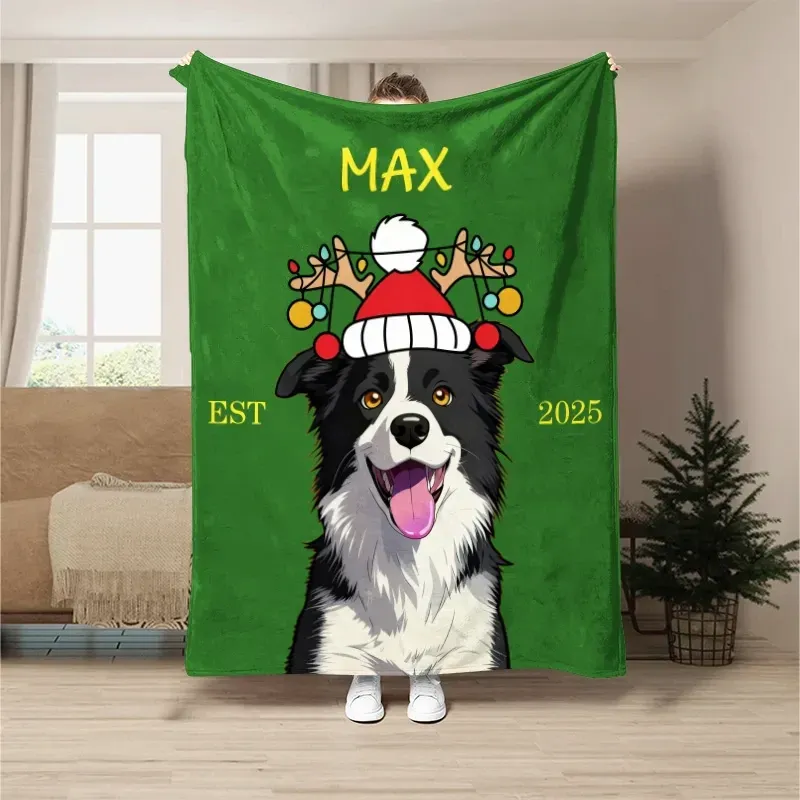 Custom Pet Portrait Christmas Hat Blanket, Photo Customized Personalized Pet Blanket