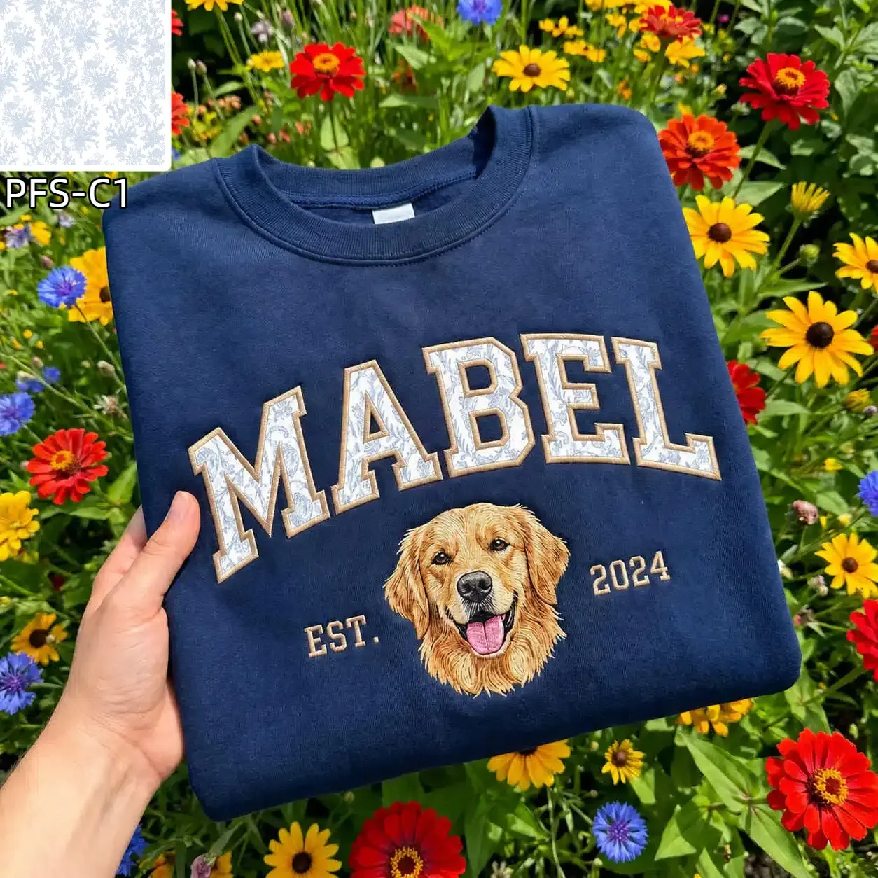 Custom Pet Portrait Embroidered Sweatshirt with Chinoiserie Appliqué Name