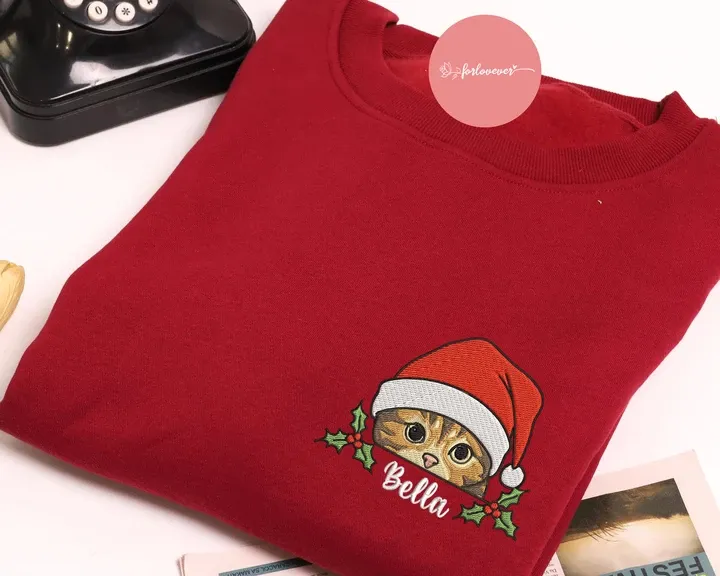 Custom Pet Photo Holly Berry Christmas Greeting Embroidered Sweatshirt, Hoodie, T-Shirt