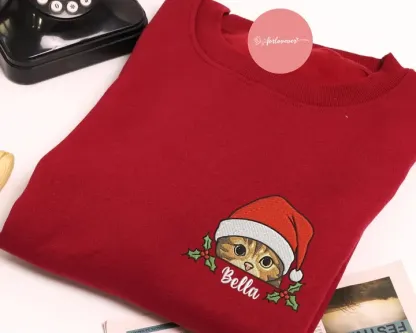 Custom Pet Photo Holly Berry Christmas Greeting Embroidered Sweatshirt, Hoodie, T-Shirt