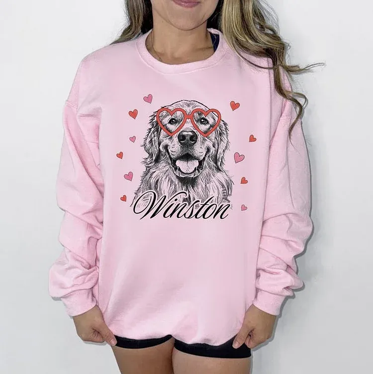 Custom Pet Valentine’s Day Sweatshirt - Personalized Dog/Cat Heart Glasses Graphic Crewneck
