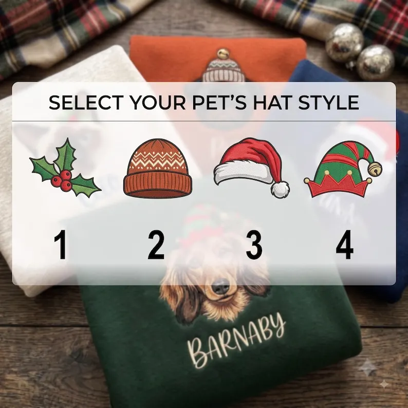 Personalized Pet Christmas Sweatshirt — Embroidered Dog or Cat Portrait with Holiday Hat
