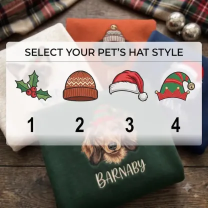 Personalized Pet Christmas Sweatshirt — Embroidered Dog or Cat Portrait with Holiday Hat