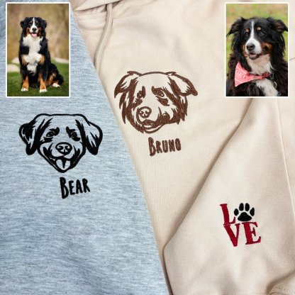 Custom Pet Portrait Embroidered Portrait Hooded Zip Up Hoodie