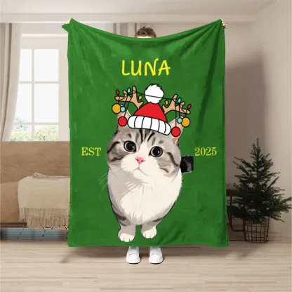 Custom Pet Portrait Christmas Hat Blanket, Photo Customized Personalized Pet Blanket