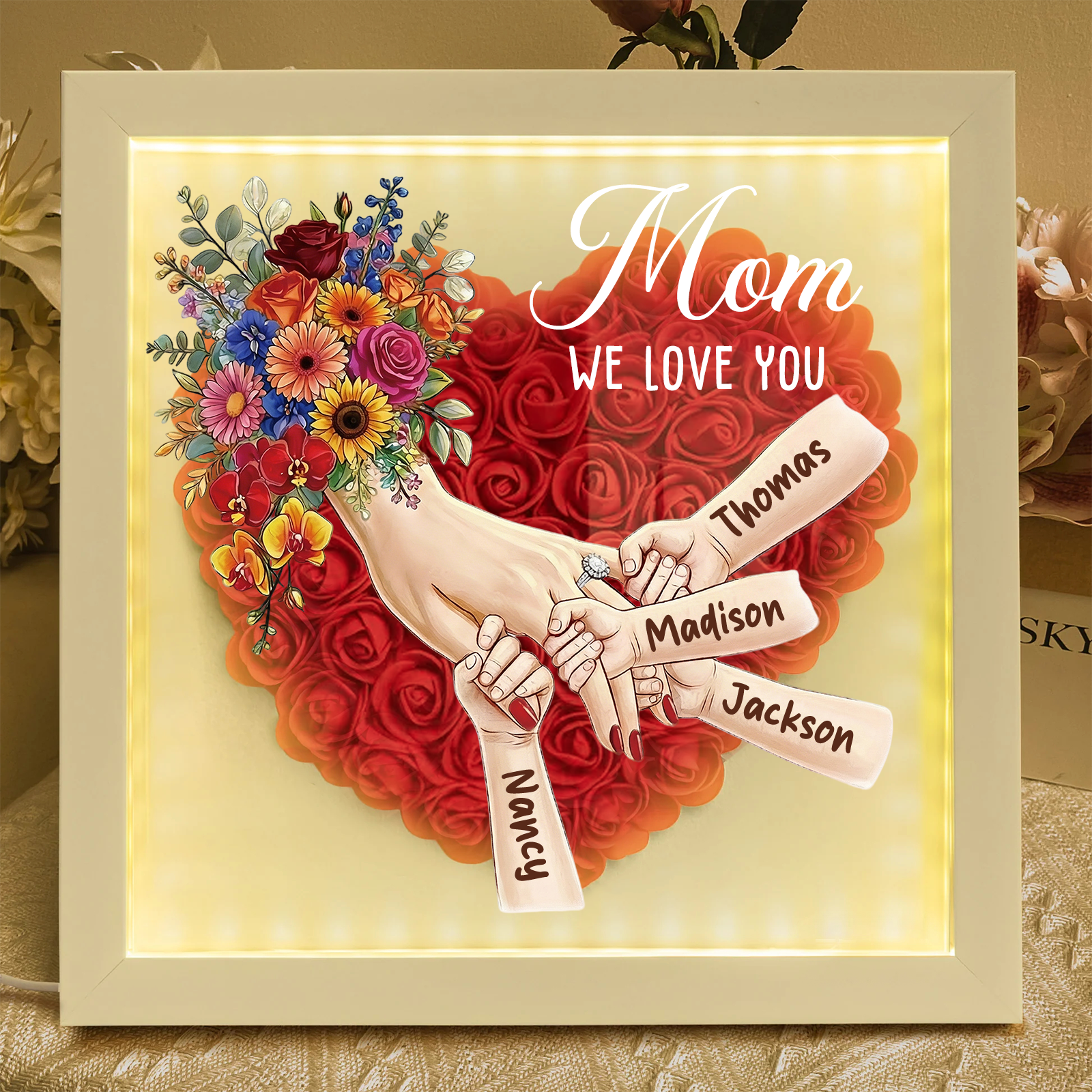 Forlovever™ Custom Mom Holding Hands with Ring & Manicure Shadow Box-Mother's Day Remembrance Frame, In Loving Memory Gift