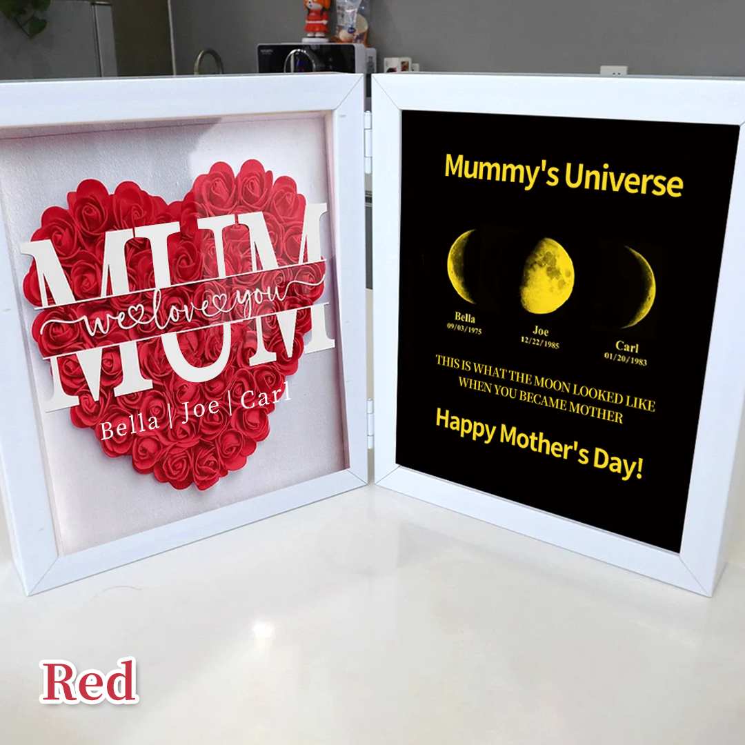 Mum We Love You With REAL MOON PHASE Anniversary Calendar - Mummy's Universe Personalized Heart Shape Flower Shadow Box-forlovever