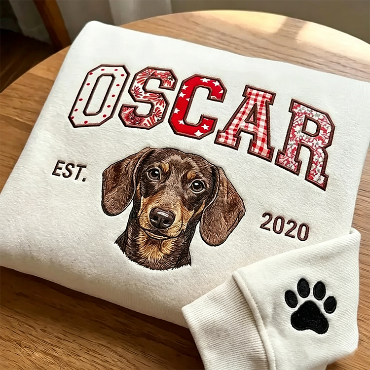Patchwork Fabric Pet Portrait Embroidered Sweatshirt Custom Dog Cat Gift for Pet Lovers